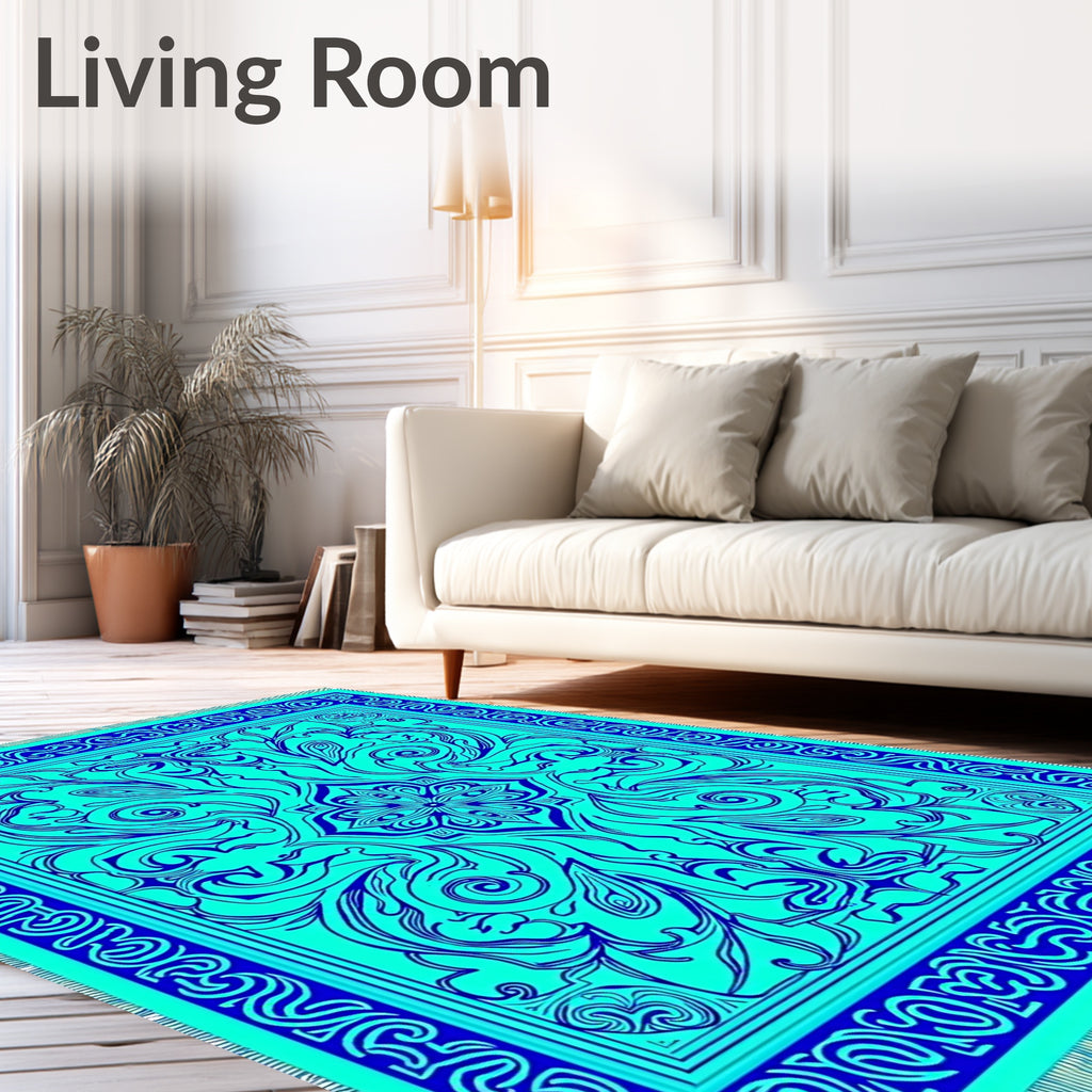 Intricate Cyan Floral Art Deco Rug