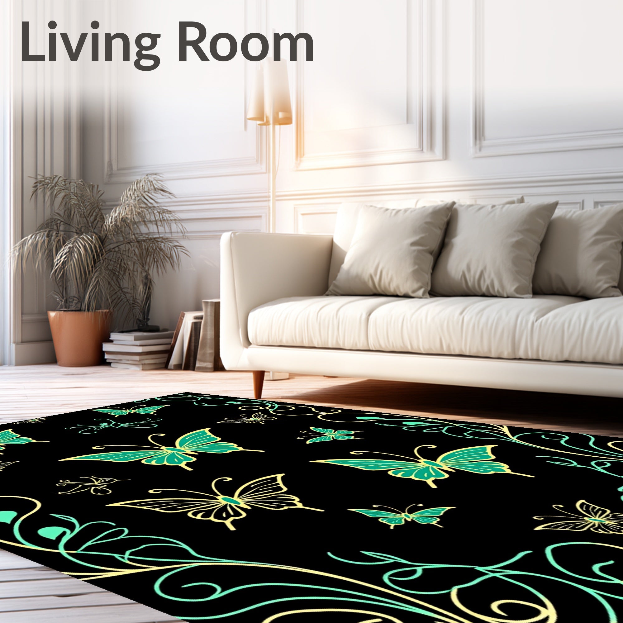 Elegant Teal Gold Butterfly Pattern Rug