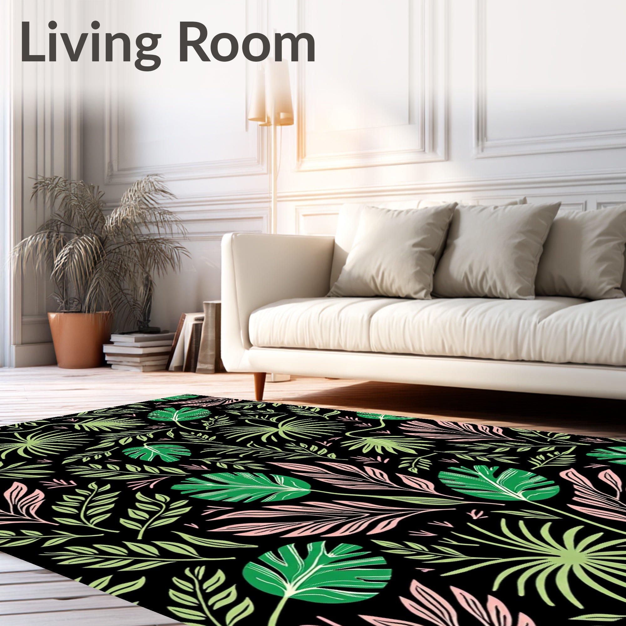 Tropical Pink Green Leafy Black Rug
