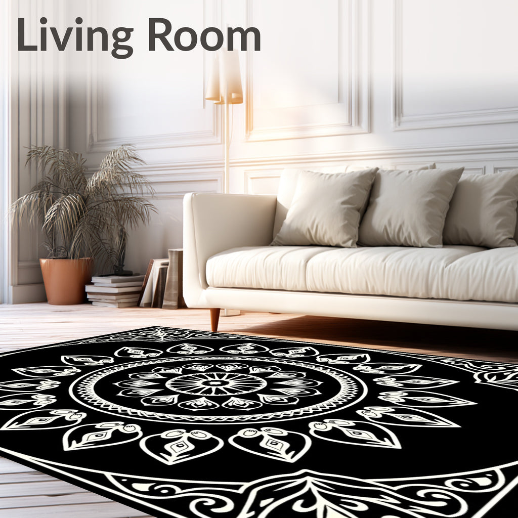 Bold Black And White Floral Mandala Rug