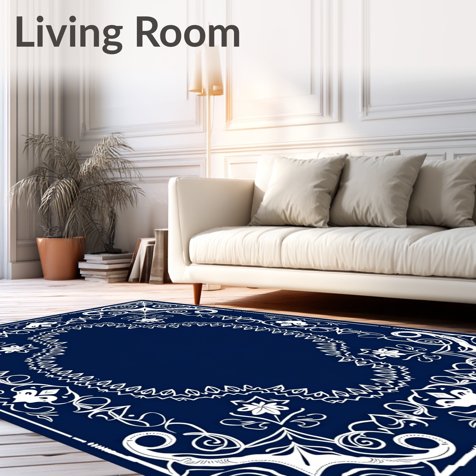 Navy White Ornate Scrollwork Arabesque Rug