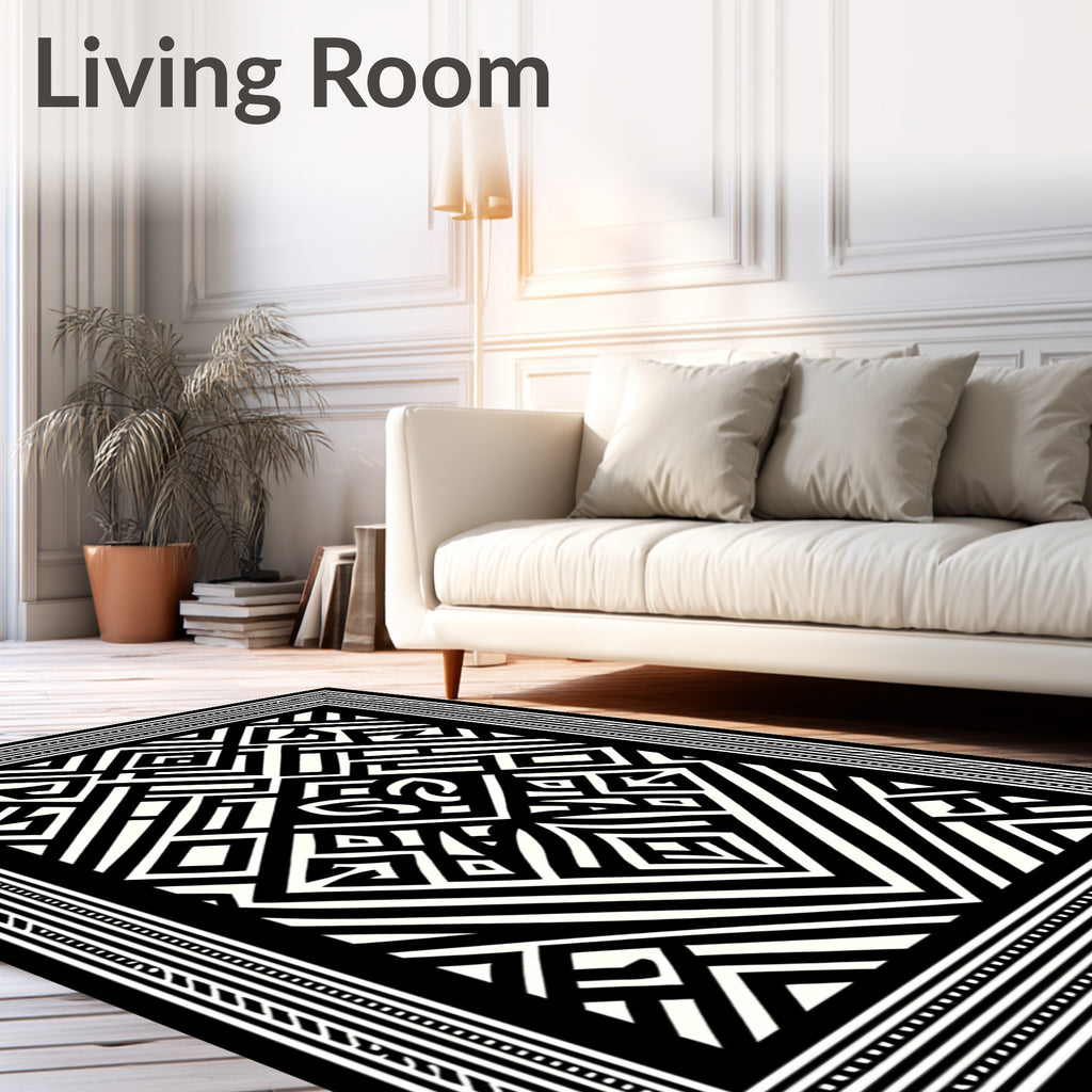 Bold Black and White Geometric Maze Rug