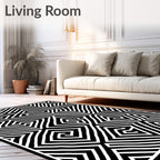 Black White Geometric Maze Pattern Rug