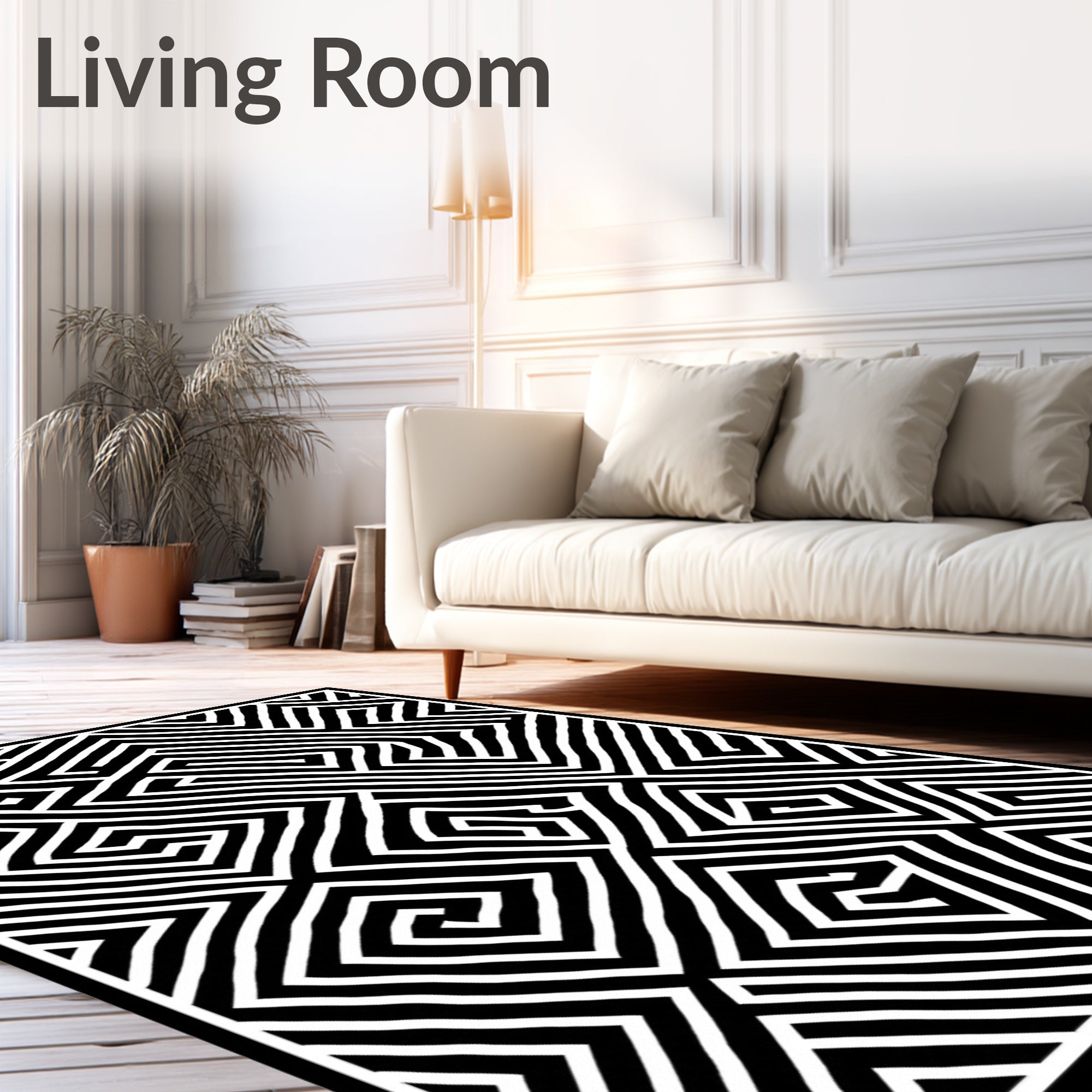 Black White Geometric Maze Pattern Rug