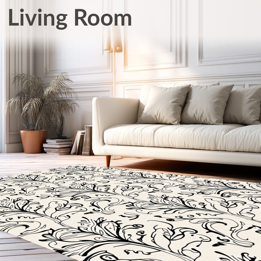 Elegant Black White Floral Swirl Rug