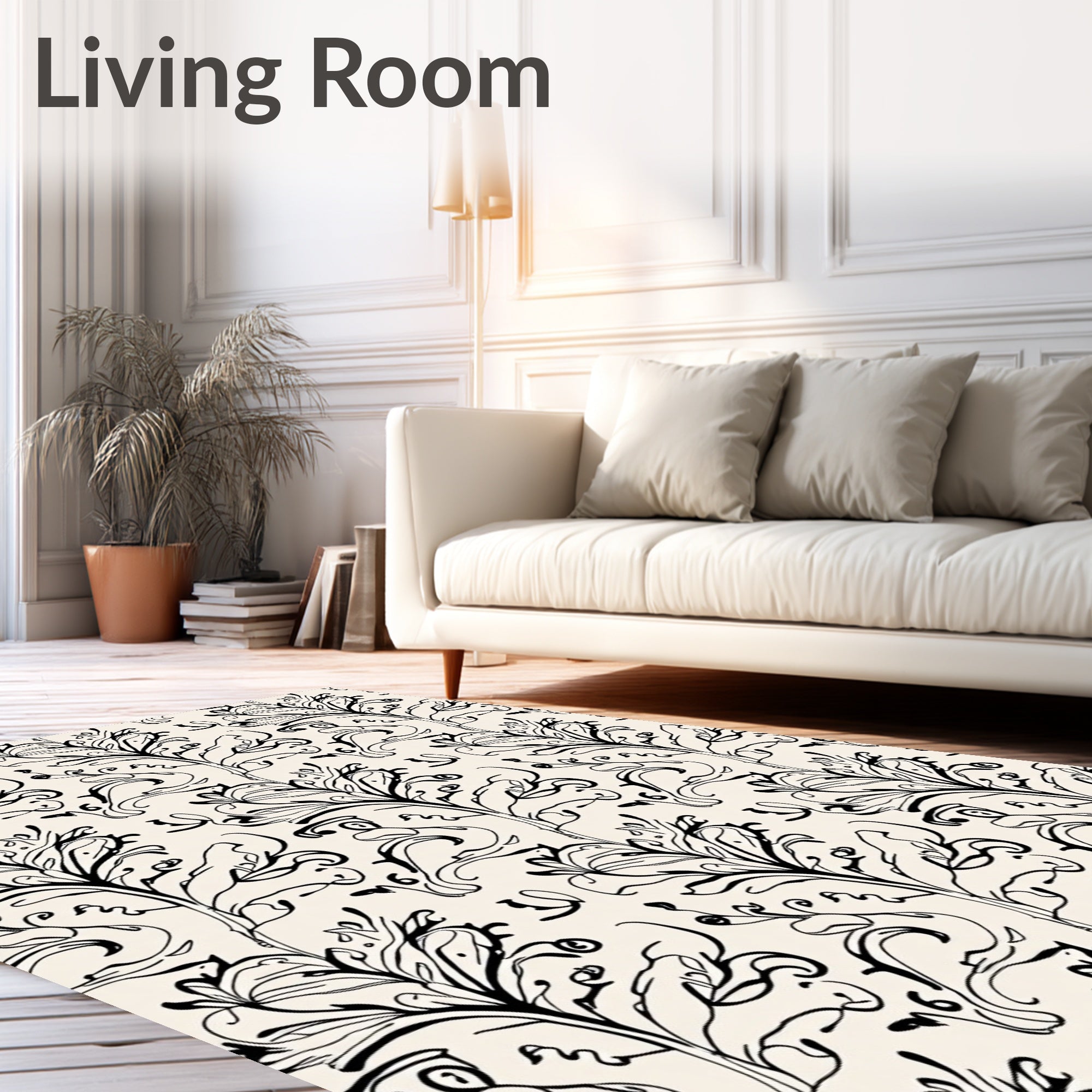 Elegant Black White Floral Swirl Rug