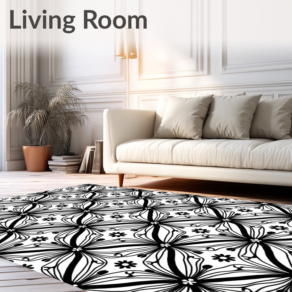 Black White Floral Star Pattern Rug
