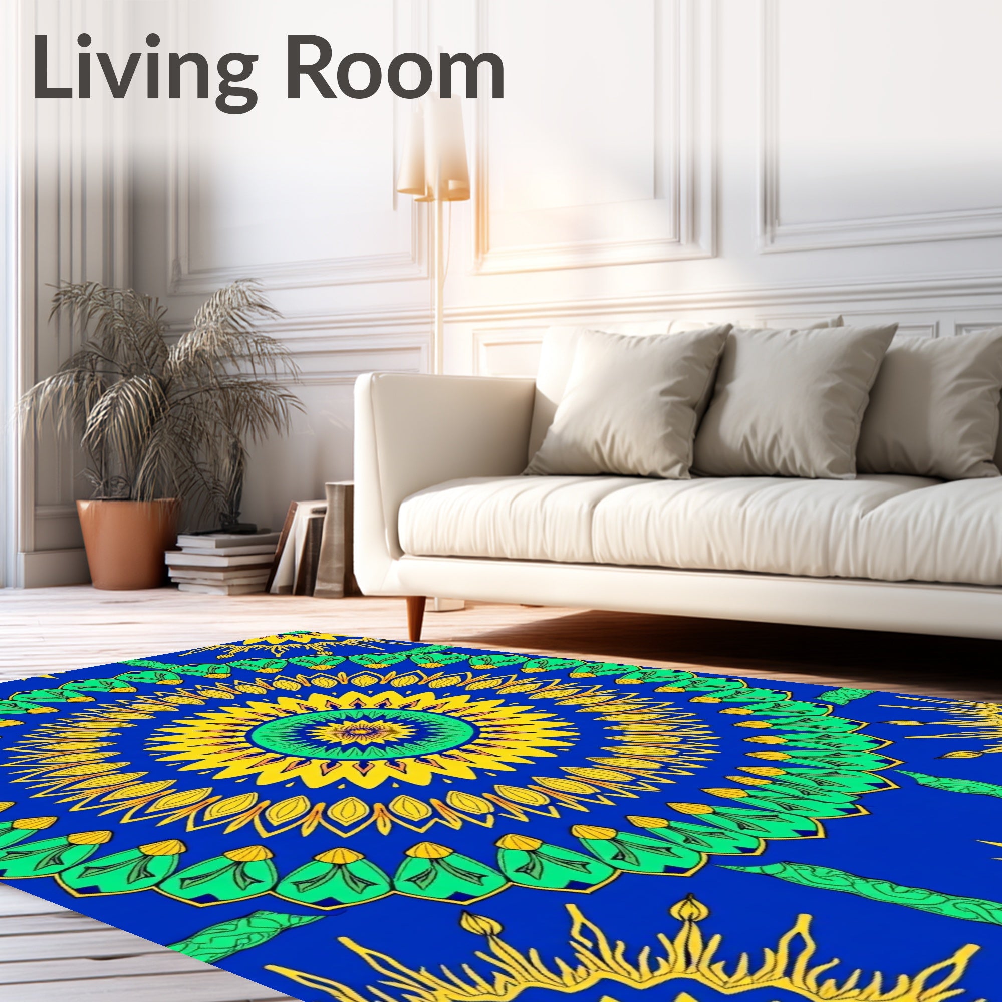 Vibrant Symmetrical Sunburst Mandala Design Rug