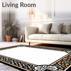 Intricate Black Gold Leaf Pattern Border Rug