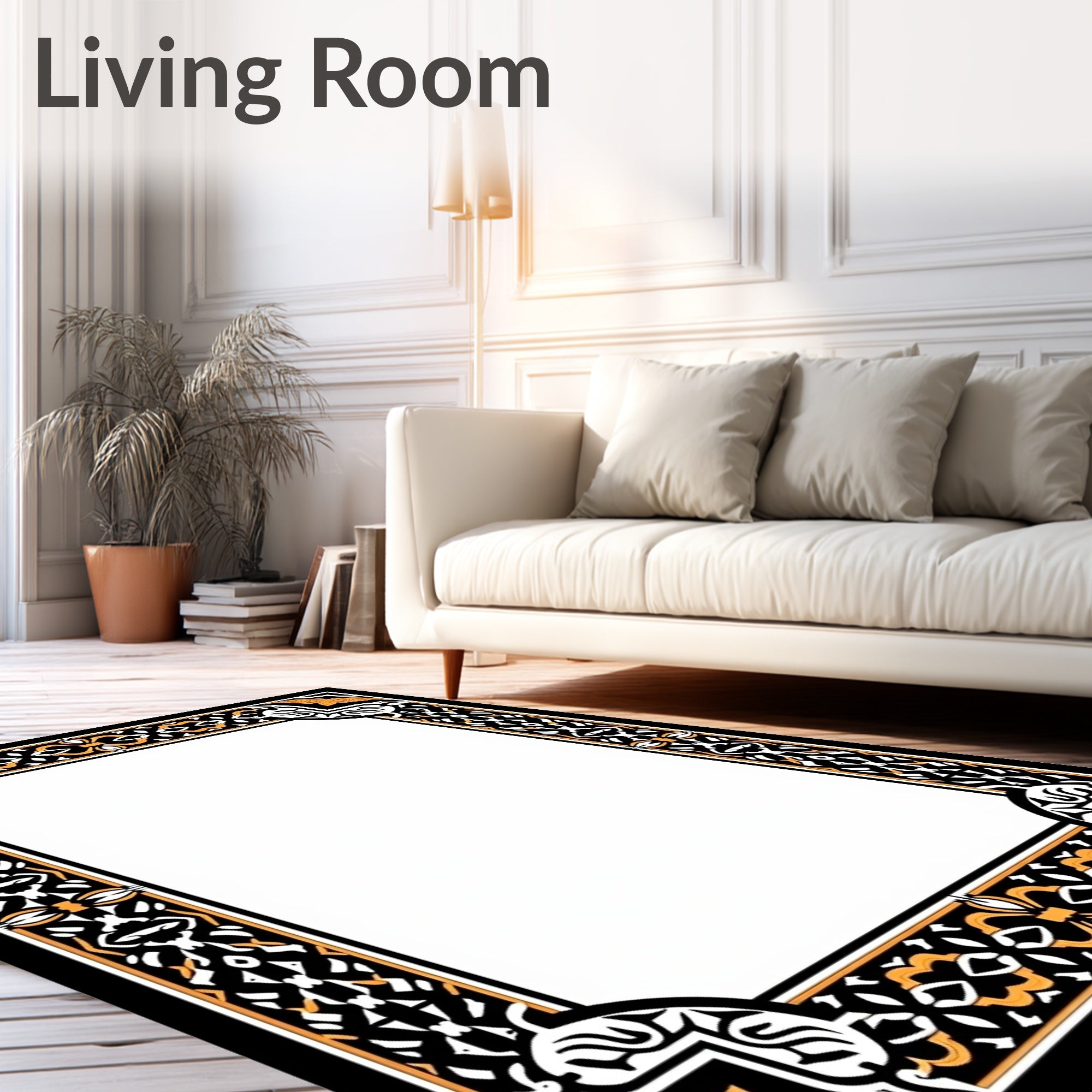 Intricate Black Gold Leaf Pattern Border Rug