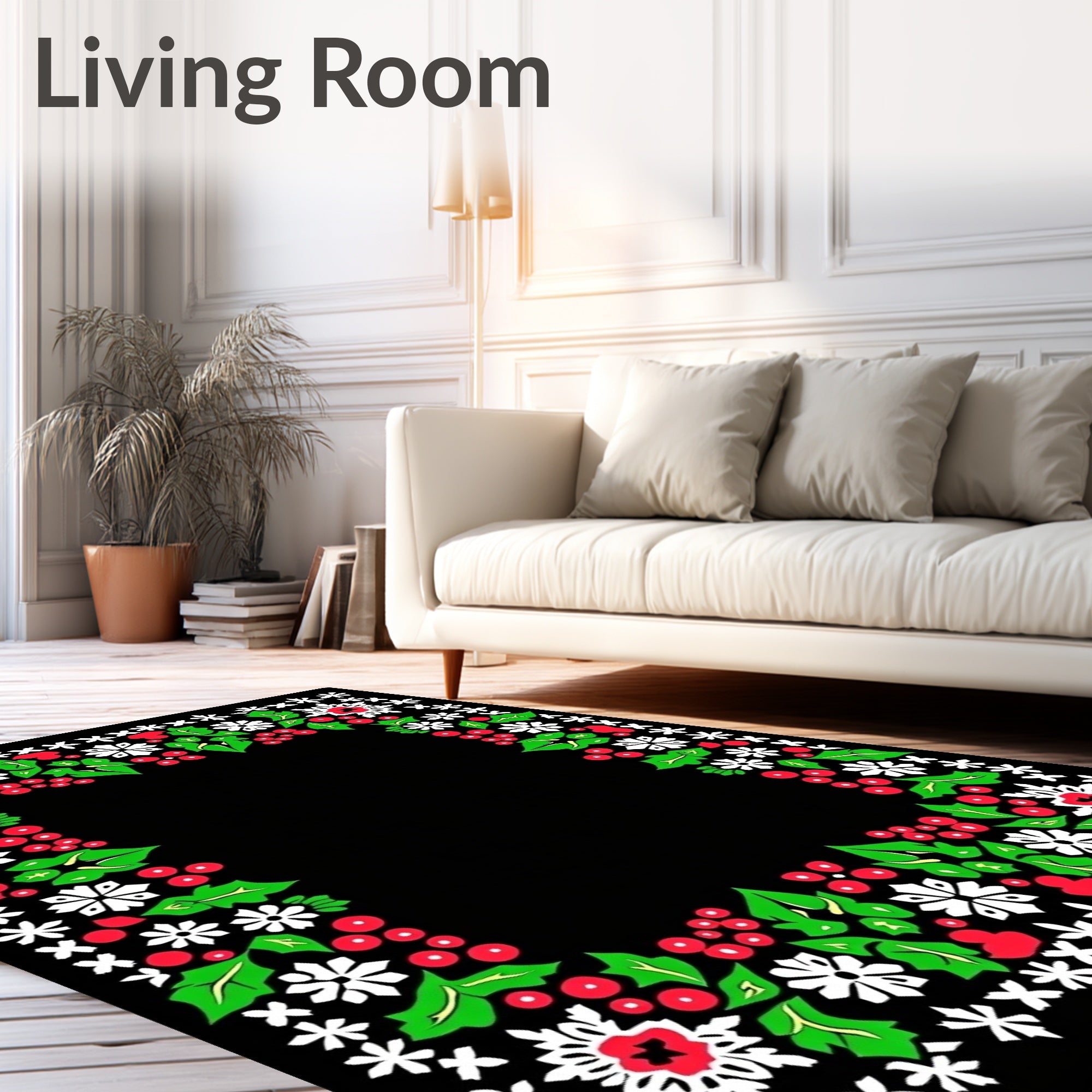 Red Green White Floral Holly Border Rug