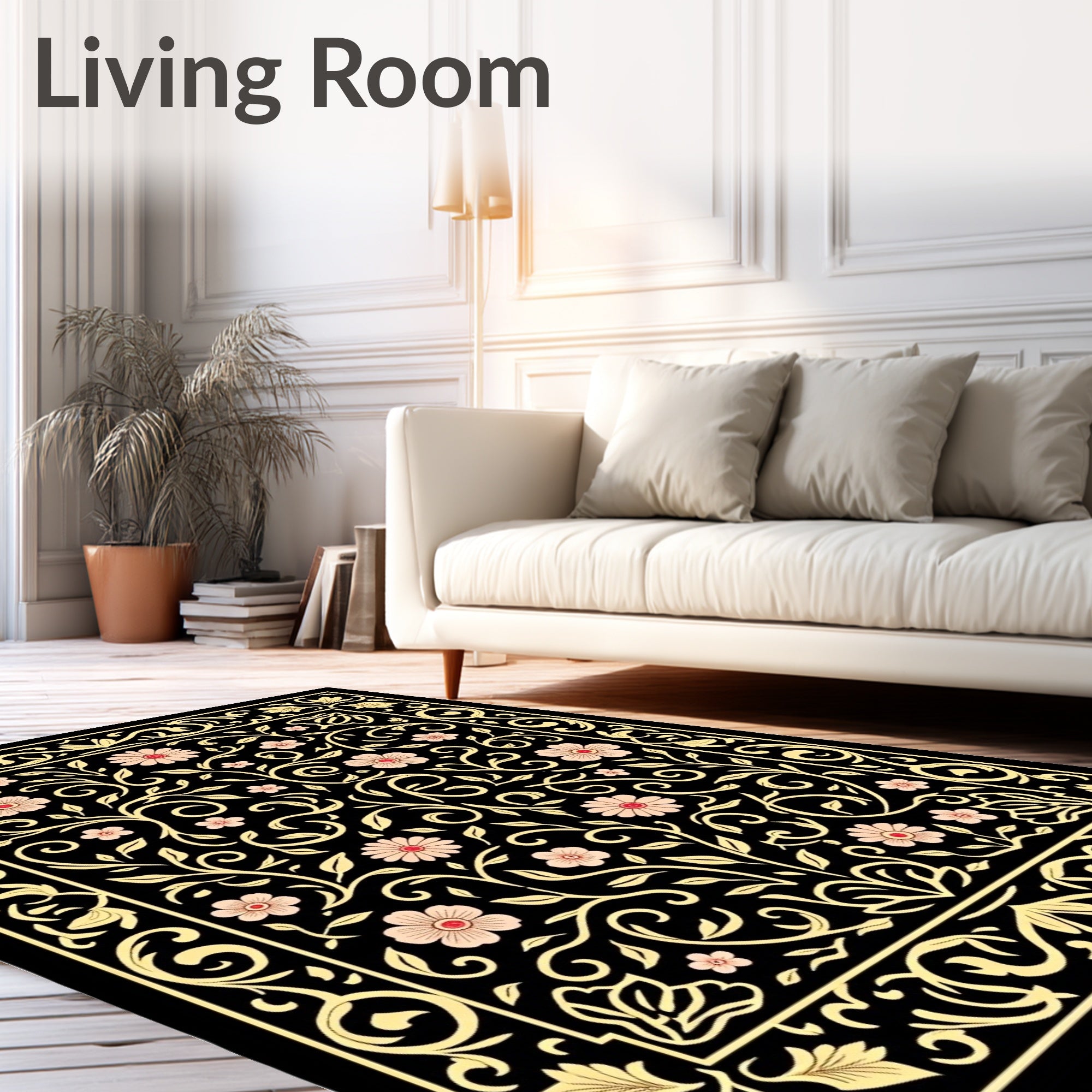 Black Garden Floral Vine Pattern Rug