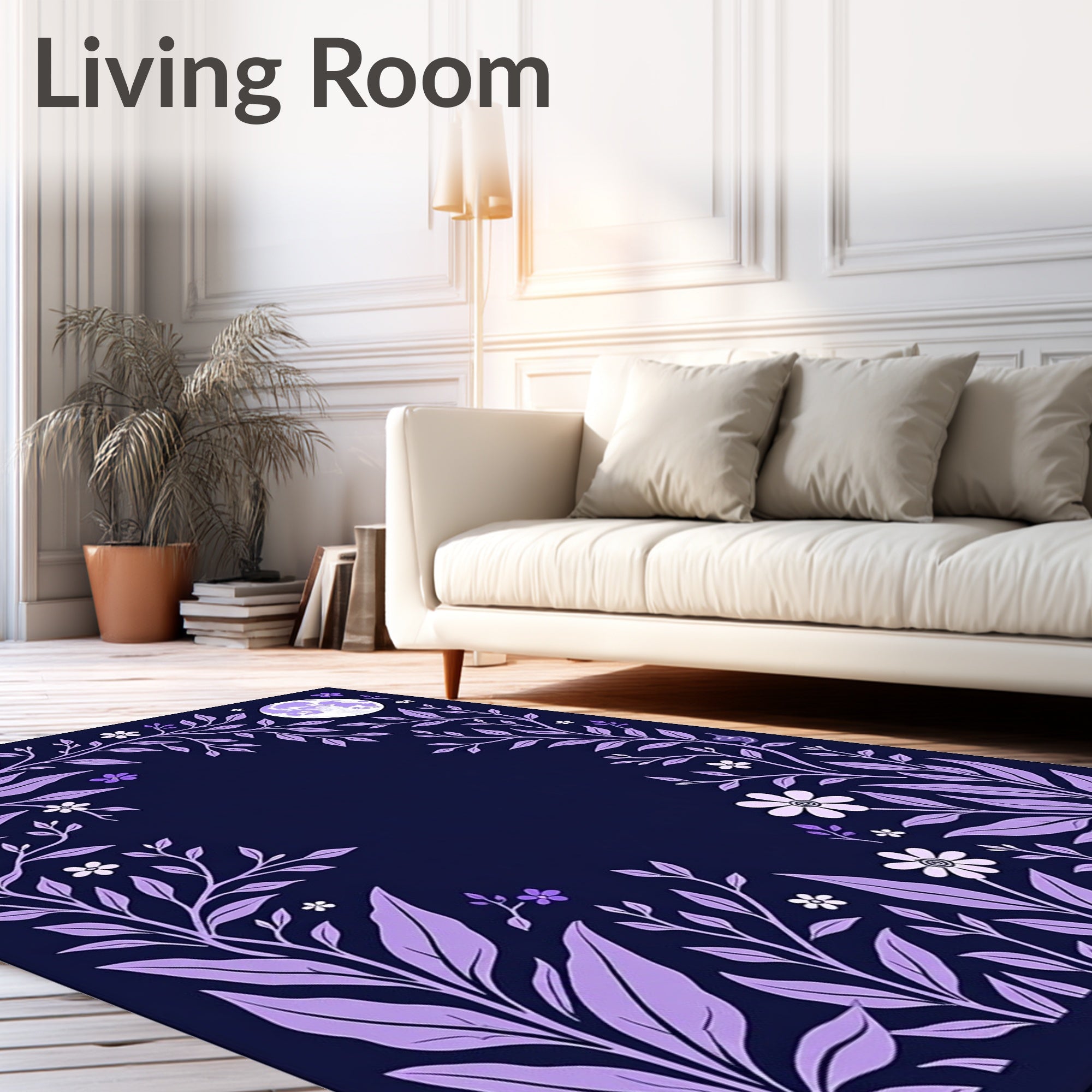 Purple Floral Moon Night Garden Design Rug