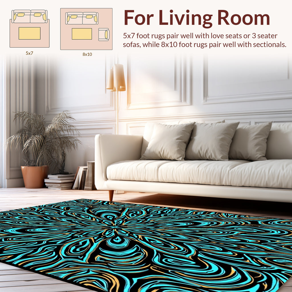 Ornate Blue Gold Swirl Pattern Rug