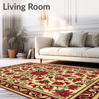 Red Floral Cream Burgundy Border Design Rug