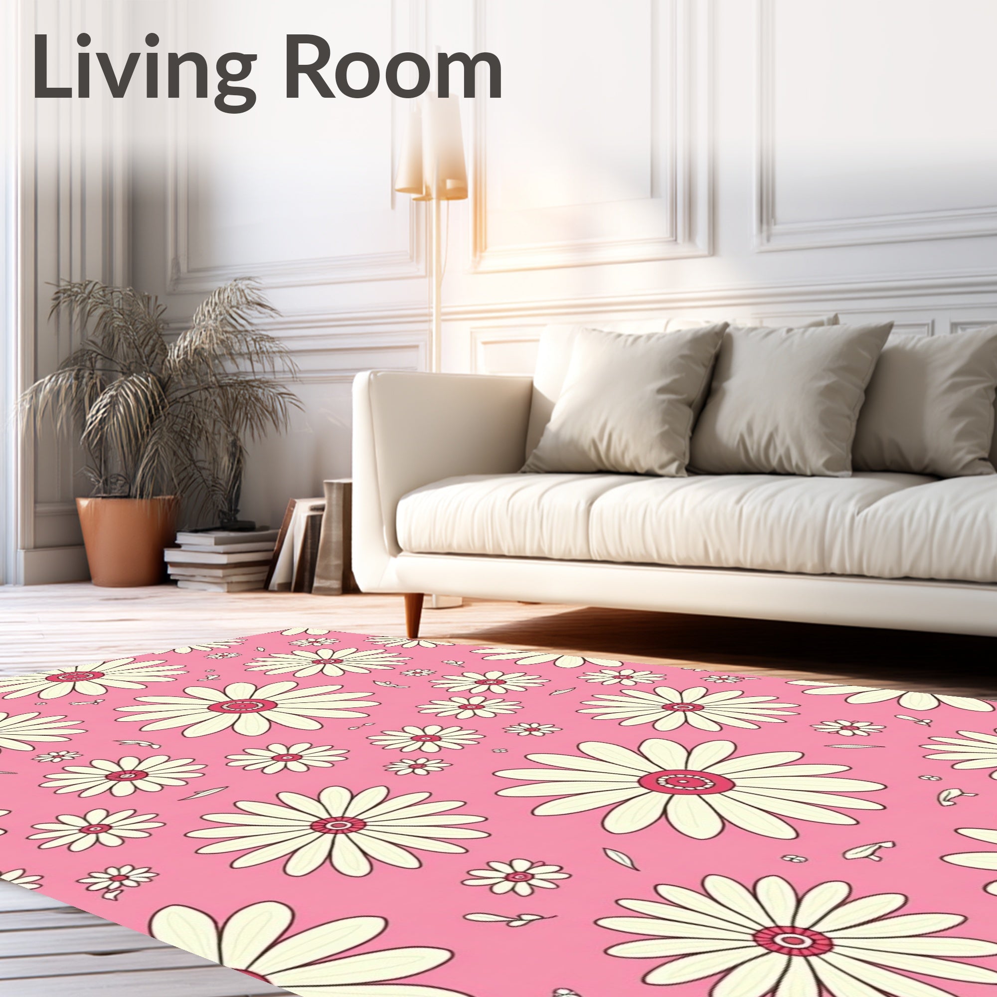 Pink Daisy Patterned Floral Rug