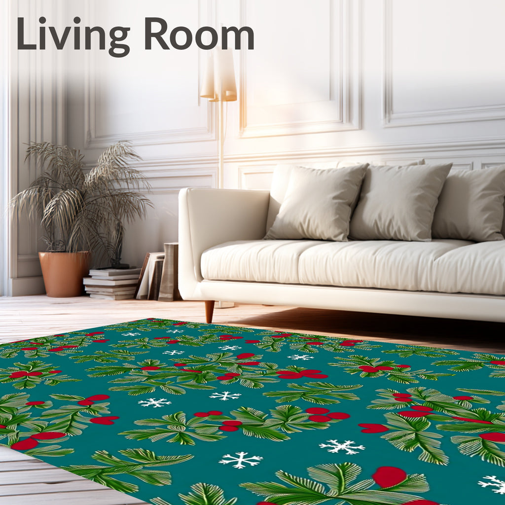 Festive Green Pine Branch Red Berry Pattern Rug