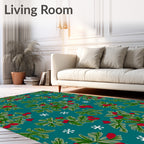 Festive Green Pine Branch Red Berry Pattern Rug