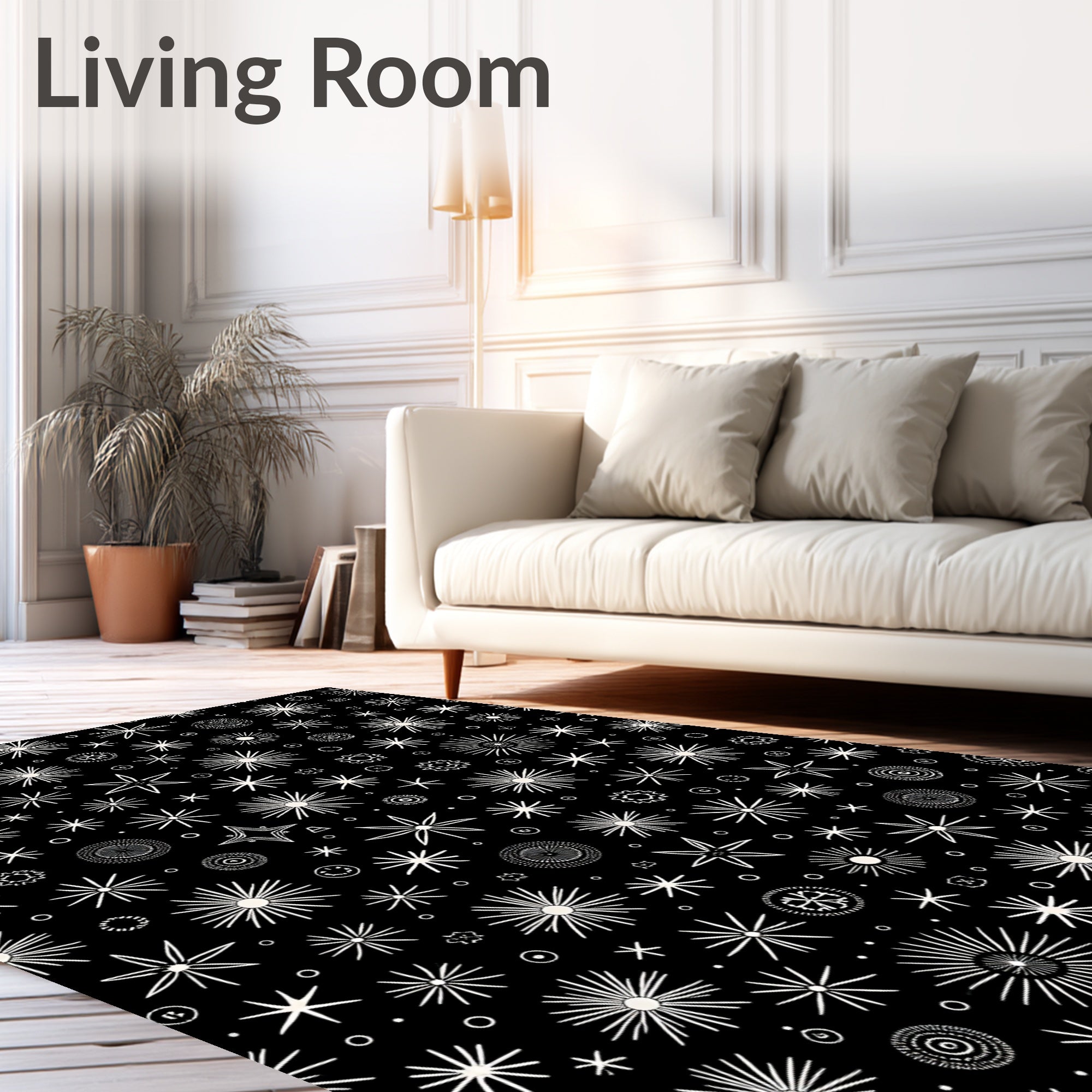 Drawn Starburst Pattern Black White Rug