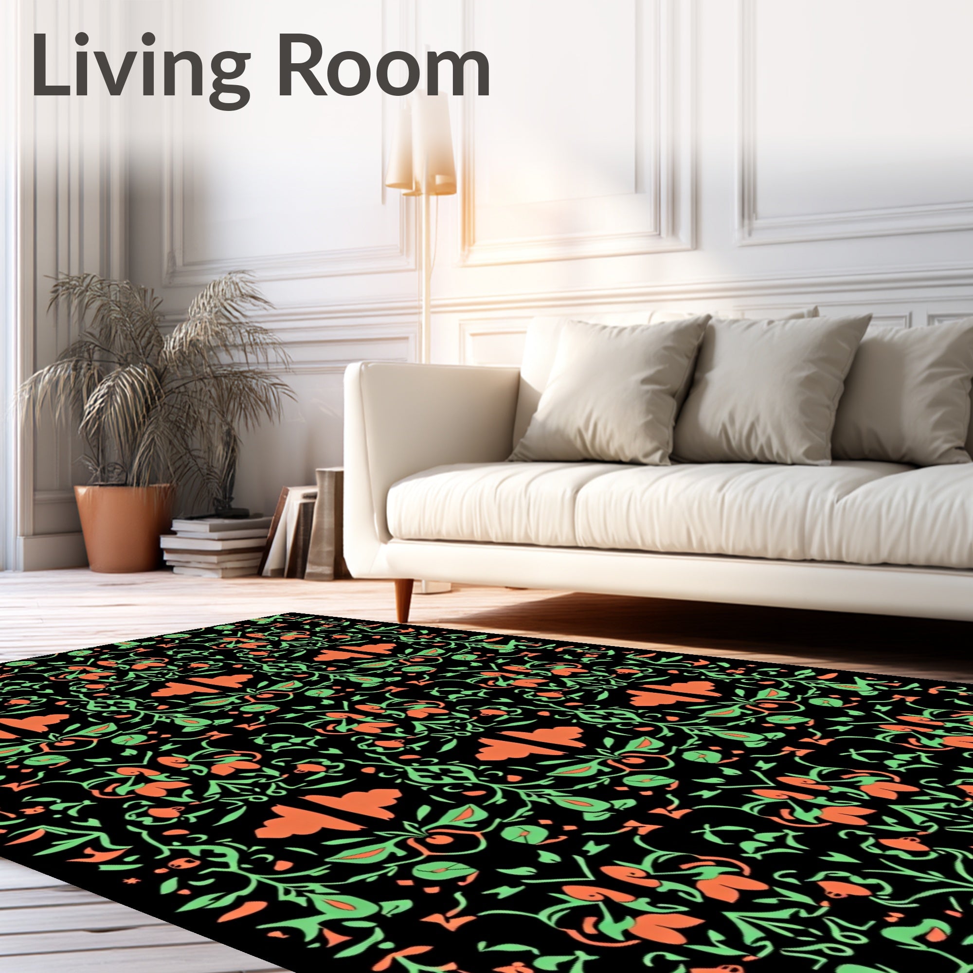 Coral Green Floral Arabesque Repeat Rug