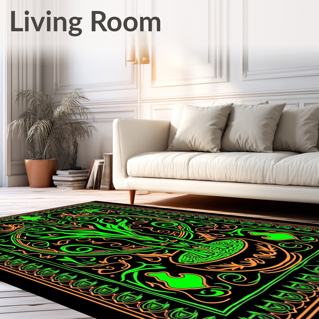 Neon Green Orange Floral Scroll Design Rug