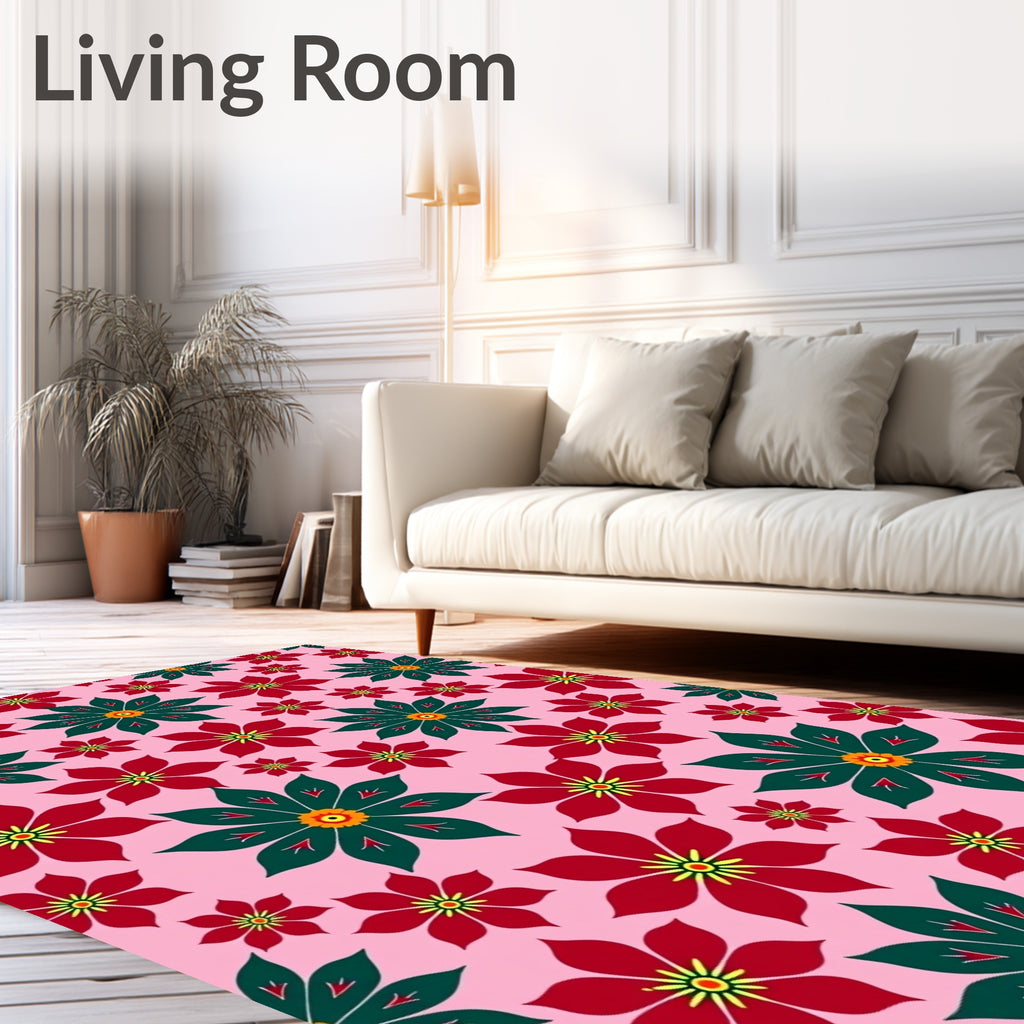 Red Green Floral Print Rug