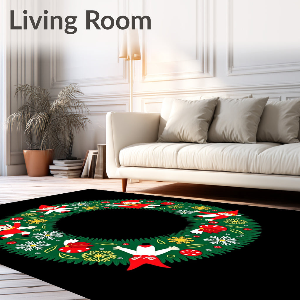Whimsical Elves Snowflake Green Wreath Rug
