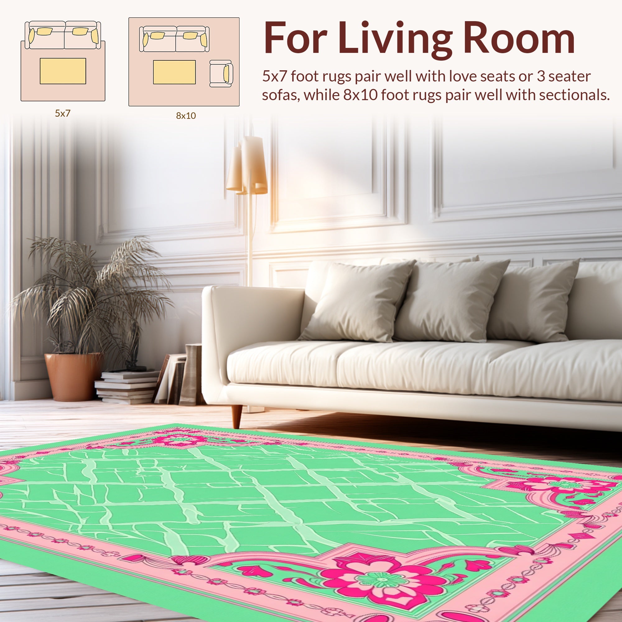 Vibrant Pink Floral Green Lattice Design Rug