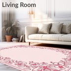 Ornate Pink Floral Scroll Border Design Rug