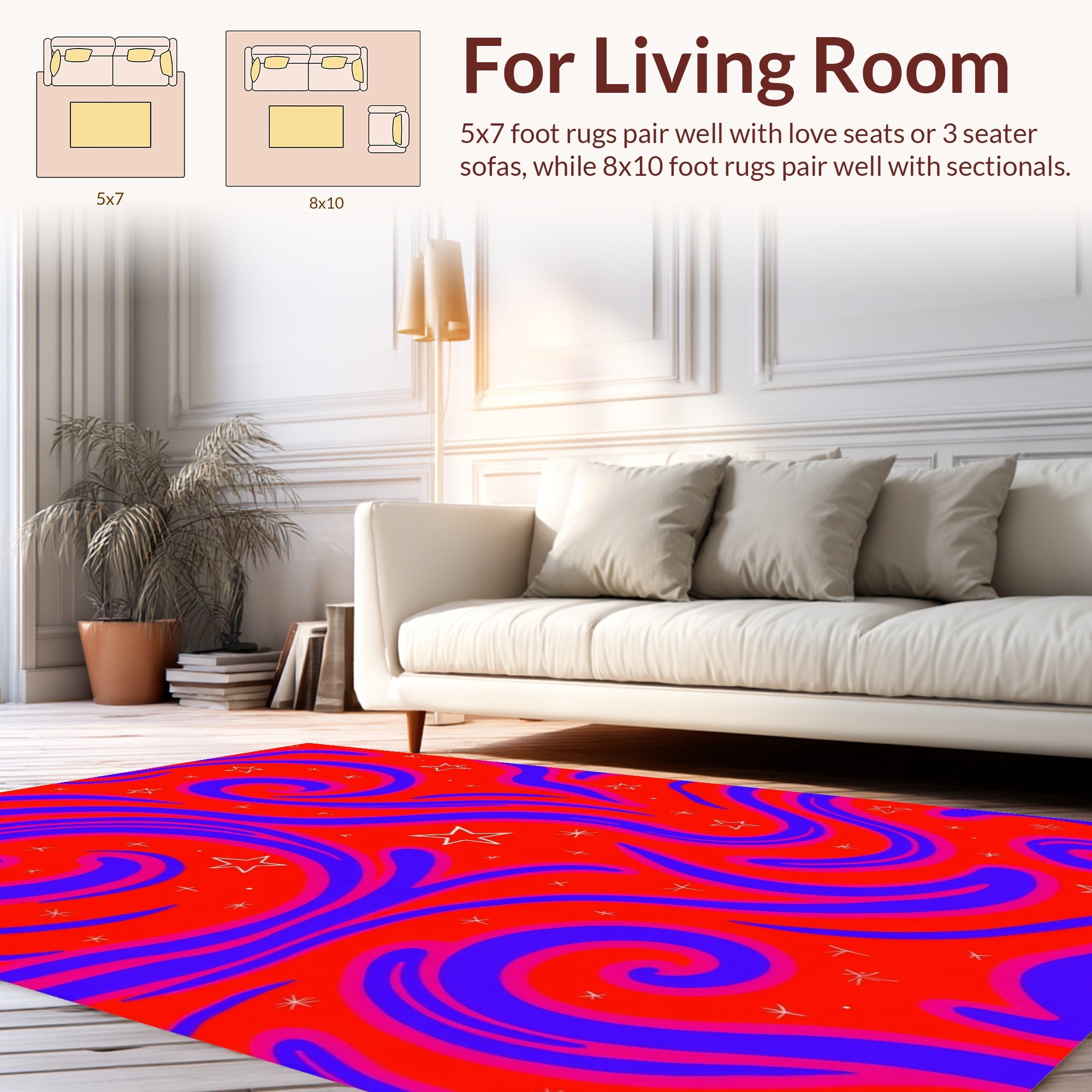 Red Blue Swirls With Stars Pattern Rug
