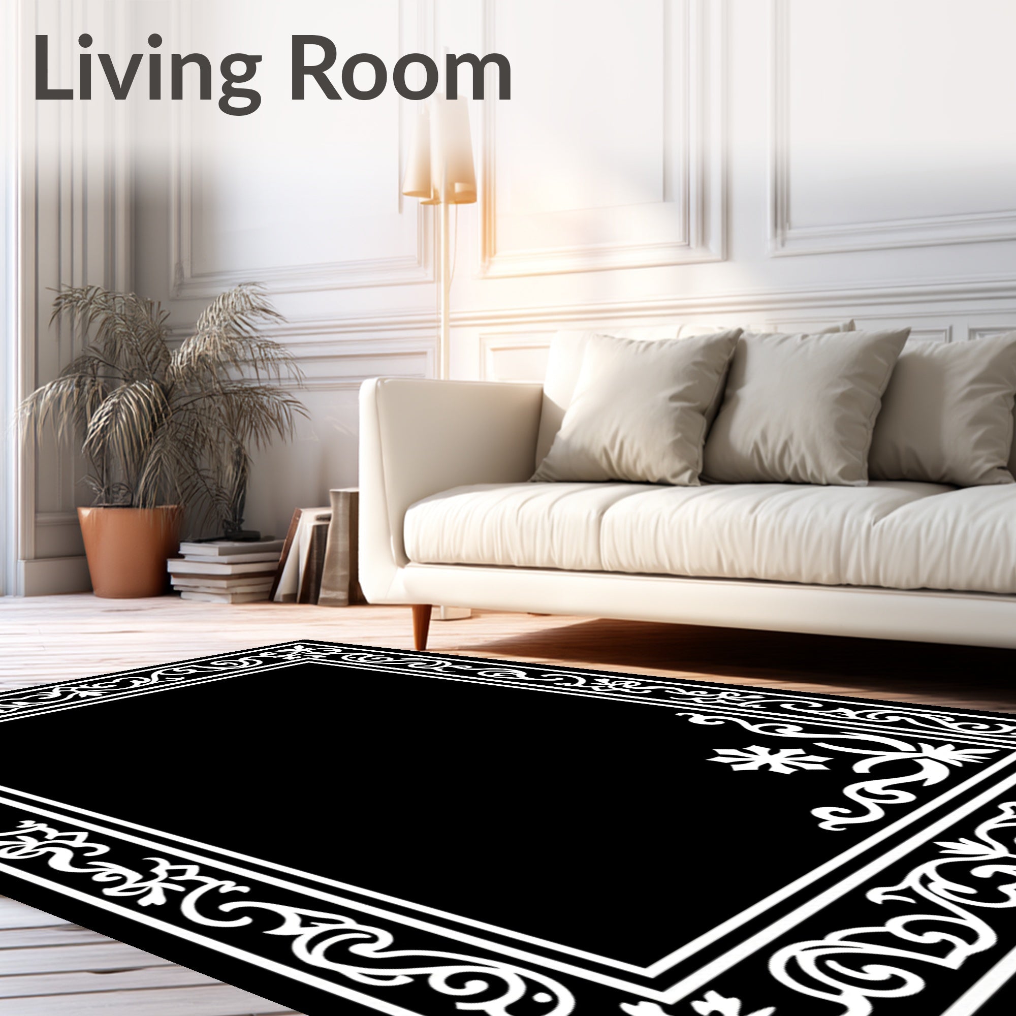 White Floral Scrollwork Patterned Rug