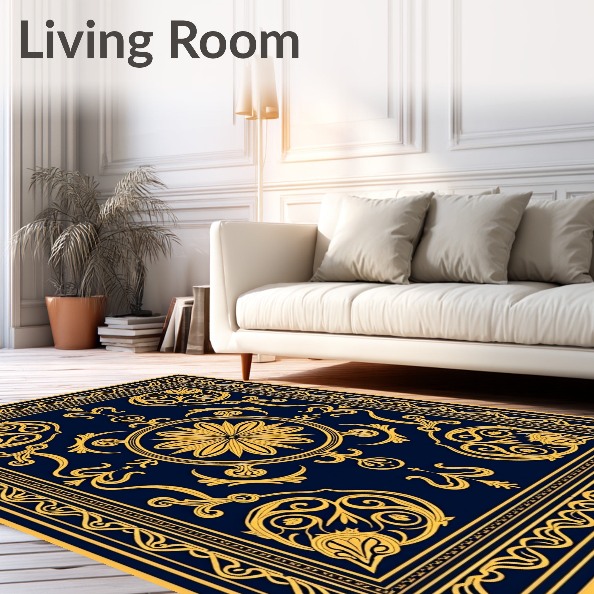 Navy and Gold Ornate Floral Medallion Rug