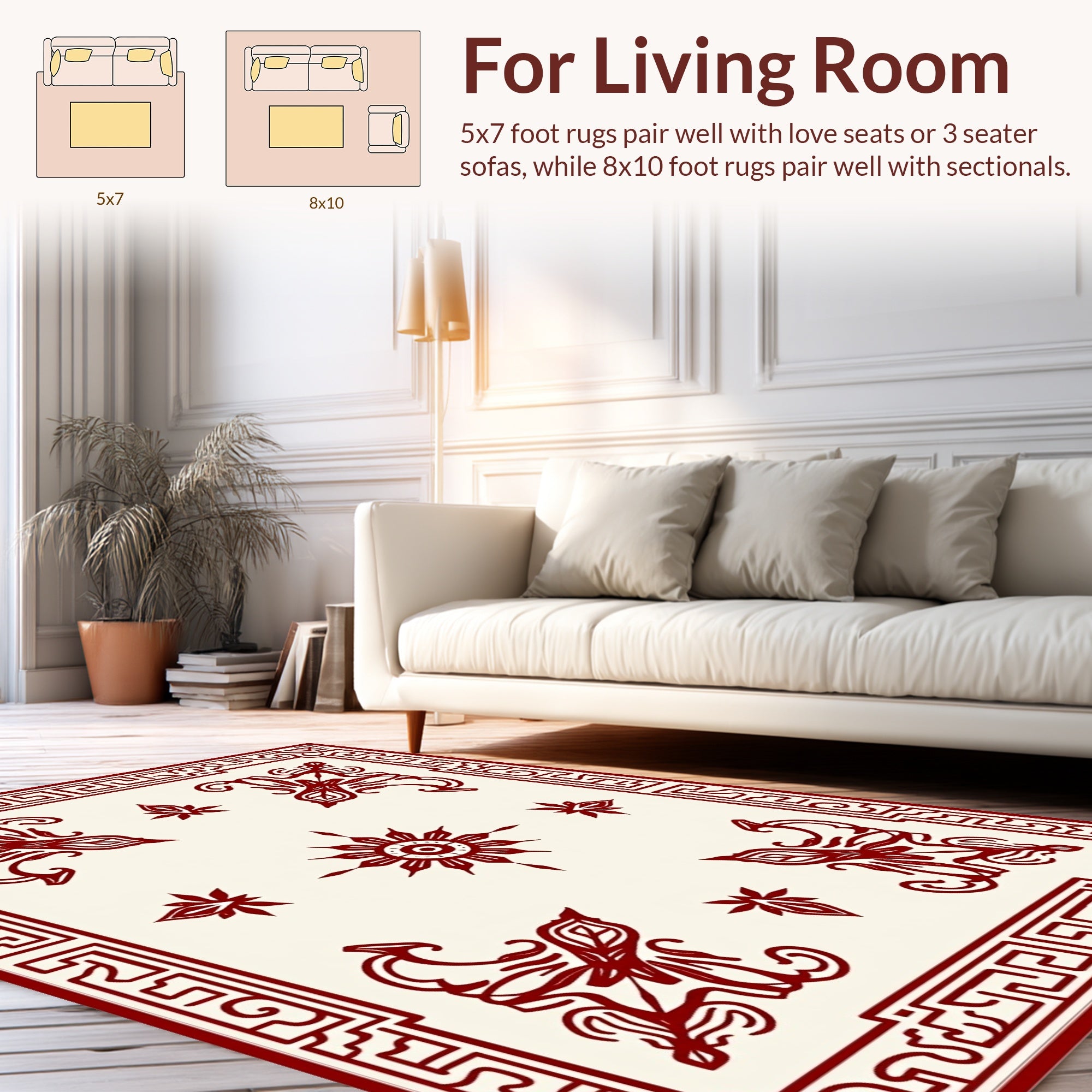 Red Ornamental Corner Scroll Design Rug