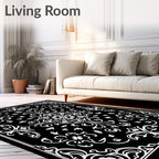 Ornate Black And White Floral Pattern Rug