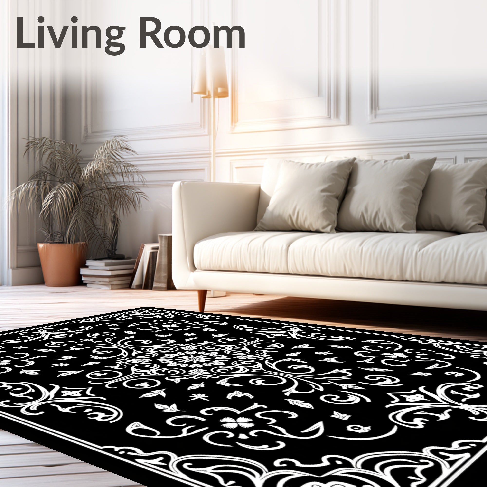 Ornate Black And White Floral Pattern Rug