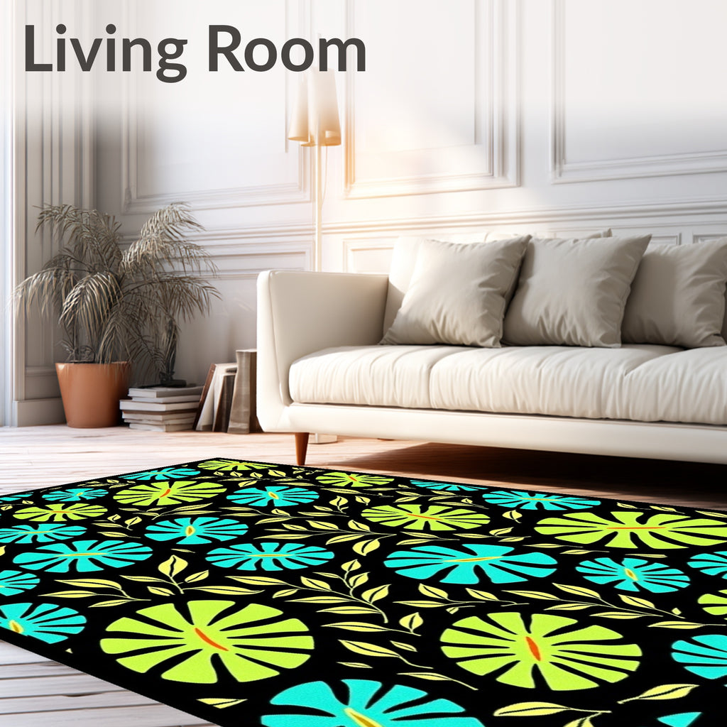 Tropical Bloom Teal Lime Black Rug
