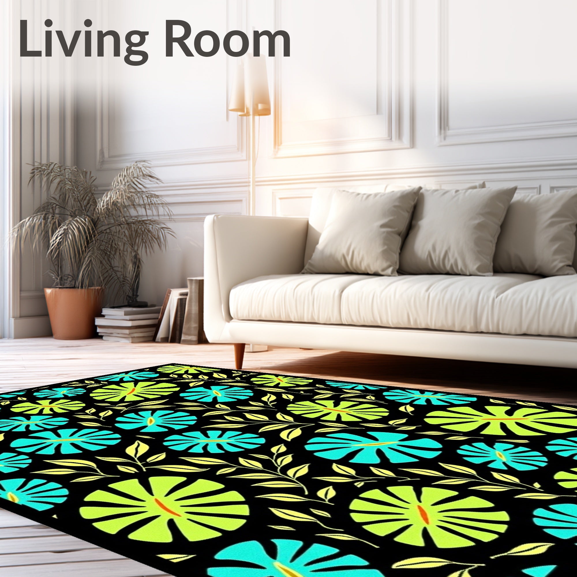Tropical Bloom Teal Lime Black Rug