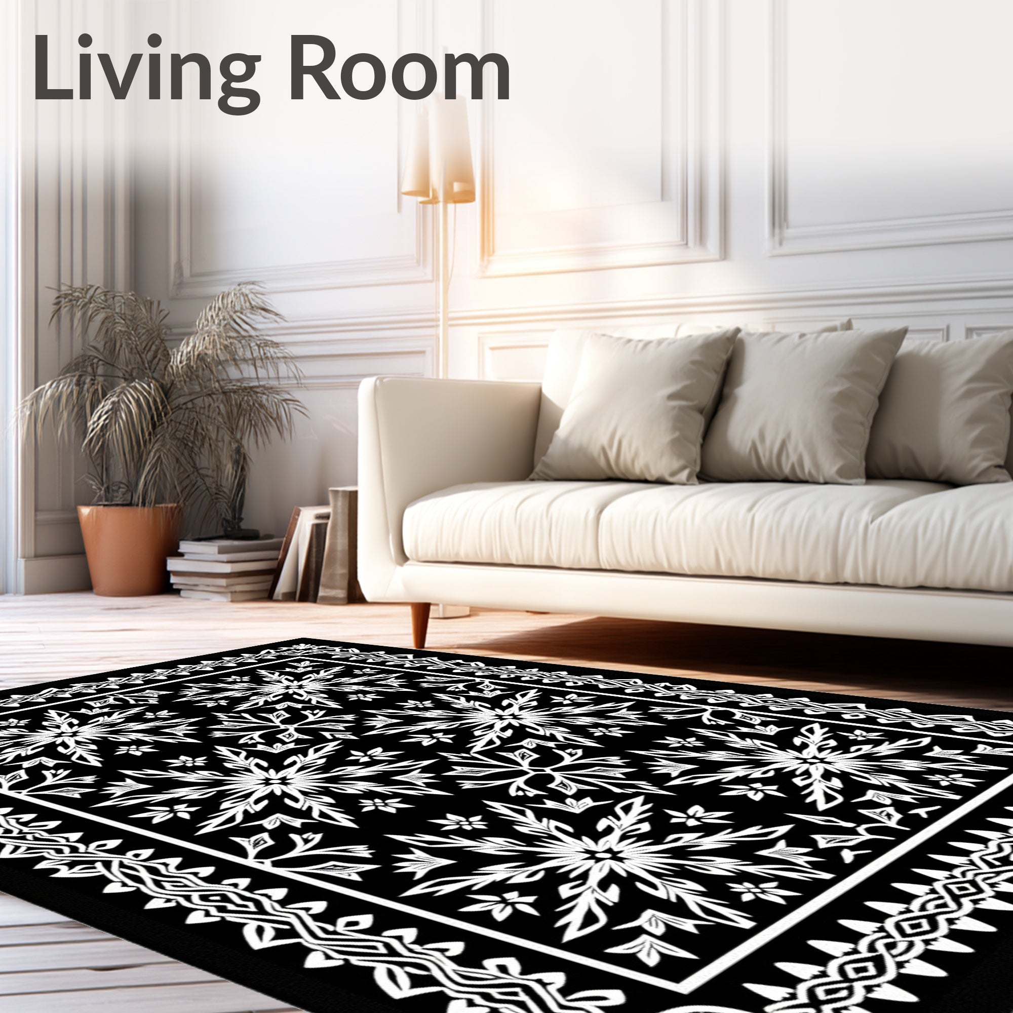 Bold Black White Floral Frame Rug