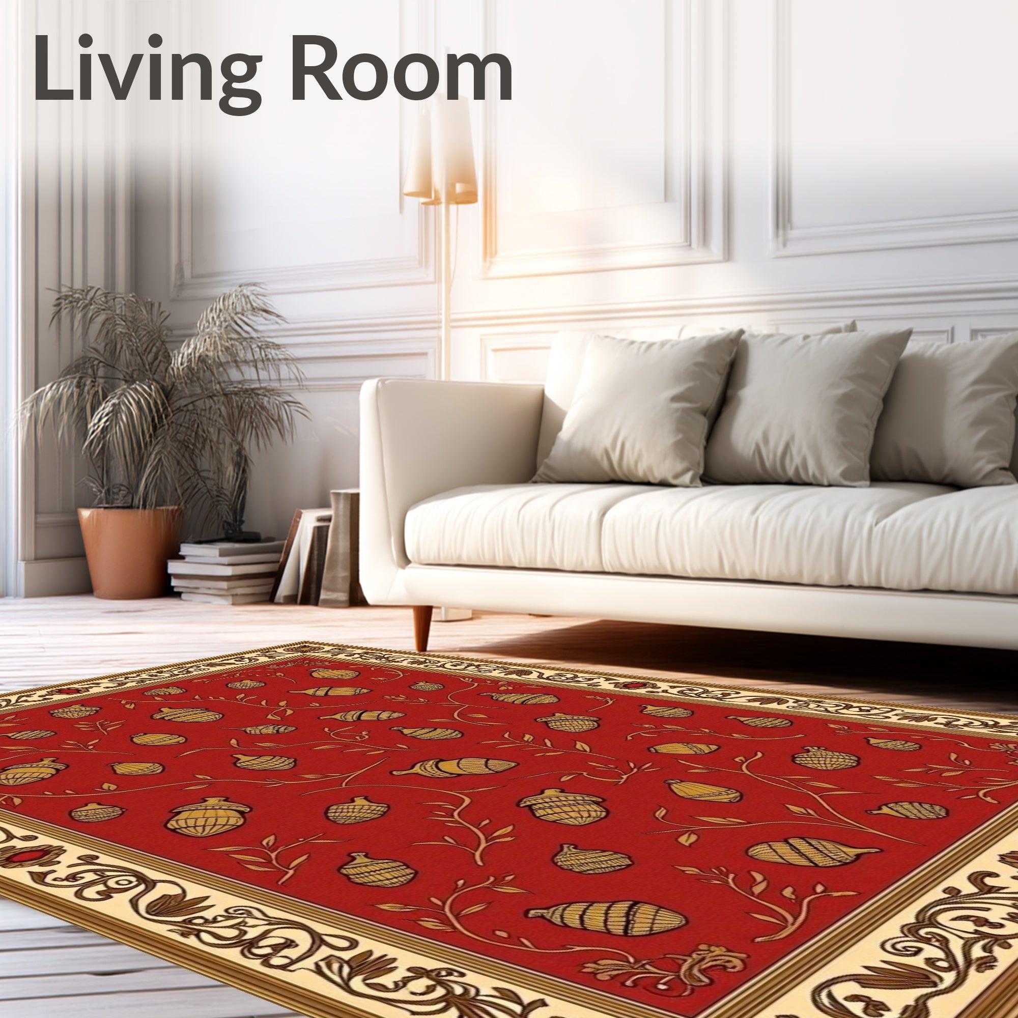 Red Acorn Vine Patterned Print Rug