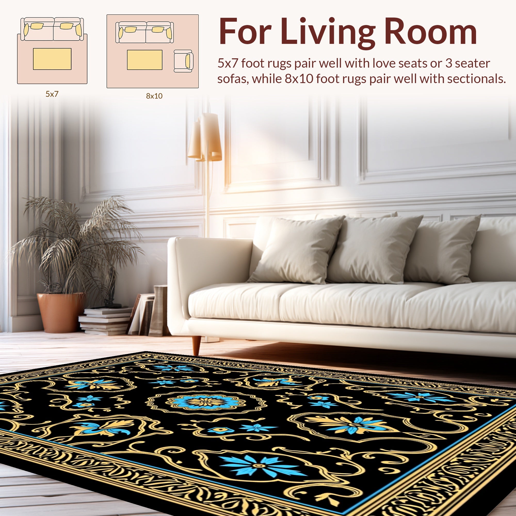 Ornate Black Gold Floral Border Rug