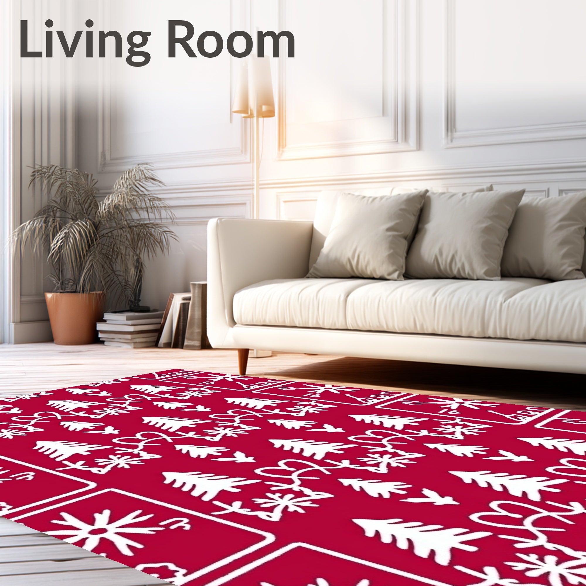 White Festive Trees Hearts Snowflakes Rug