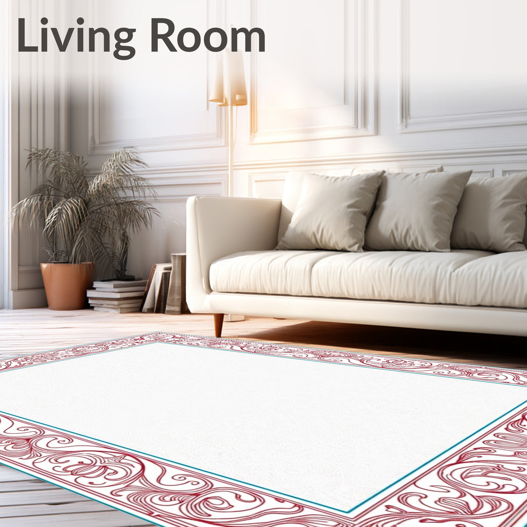 Ornate Red Blue Floral Scroll Border Rug
