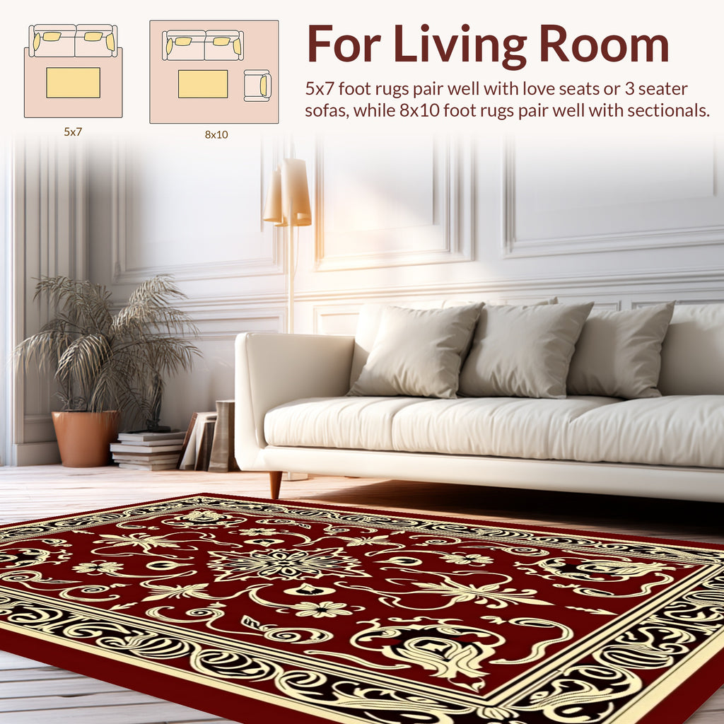 Rich Red Floral Scroll Pattern Rug