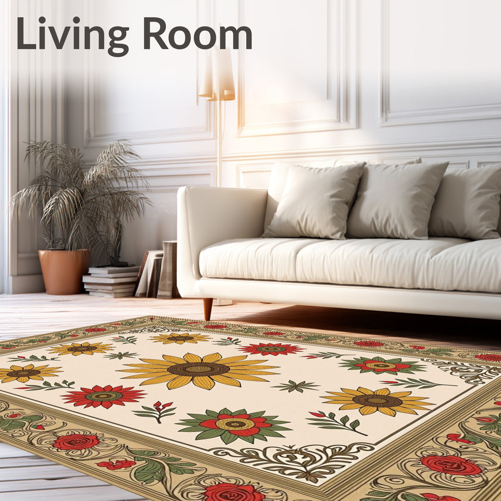 Floral Sunflower Rose Border Rug