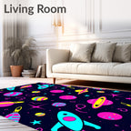 Retro Space Rocket Planets Neon Rug