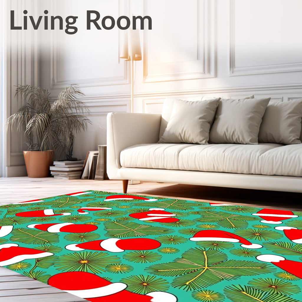 Red Santa Hats Pine Needles Teal Rug
