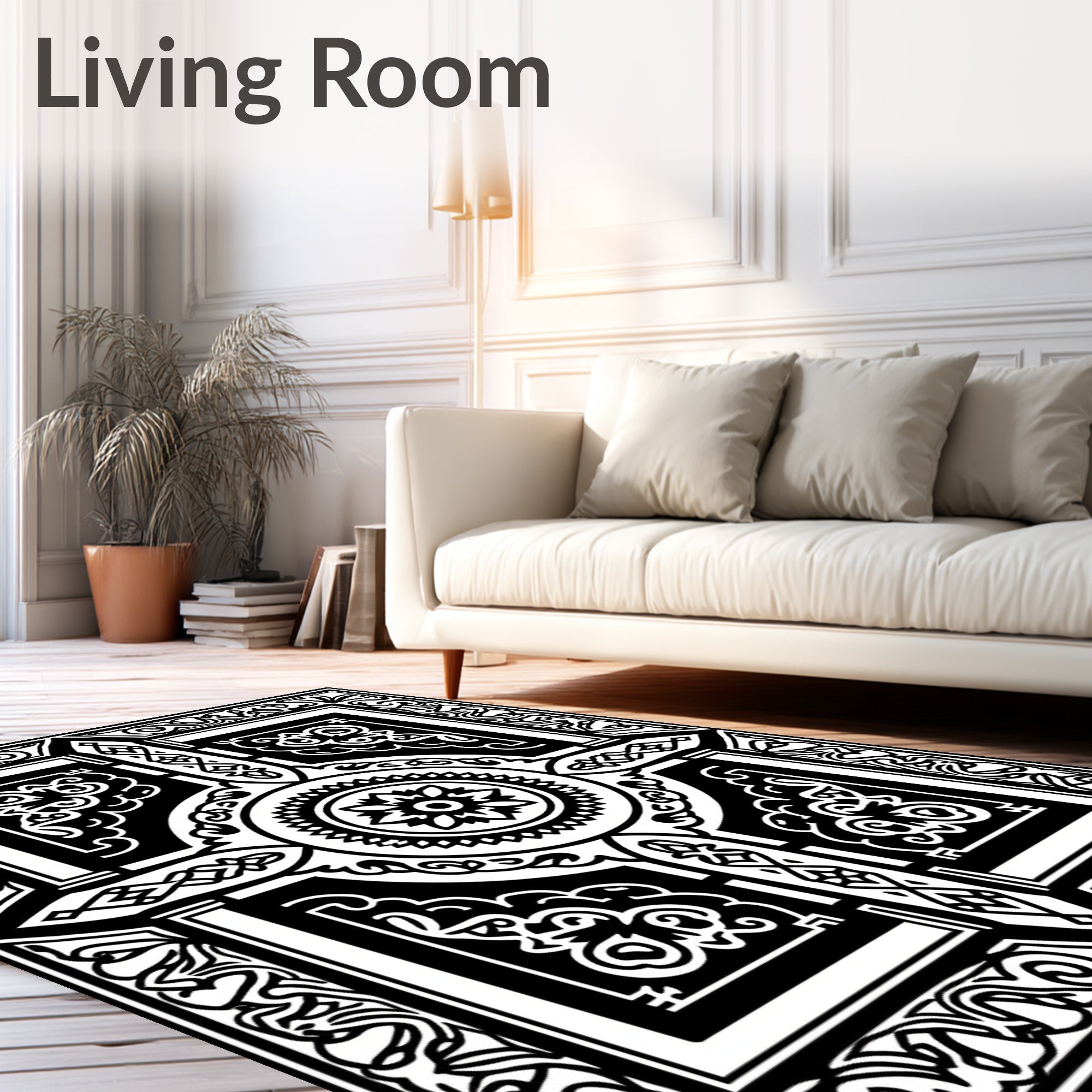 Black White Intricate Center Medallion Rug