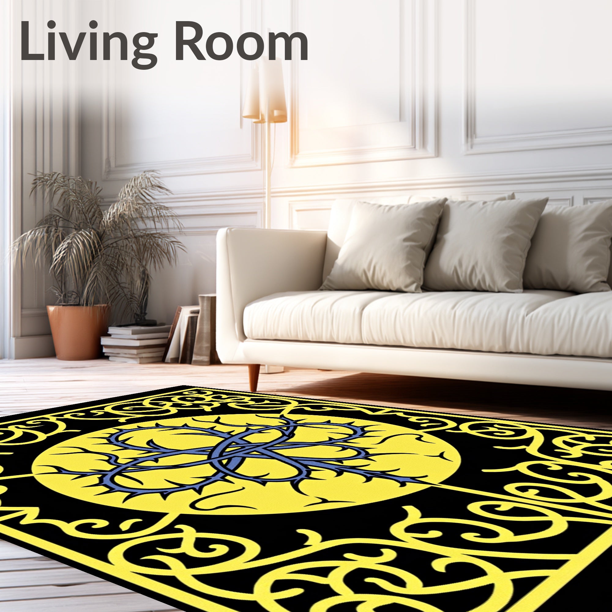 Gothic Black Yellow Scrollwork Rug