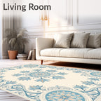 Ornate Blue Cream Floral Art Nouveau Rug