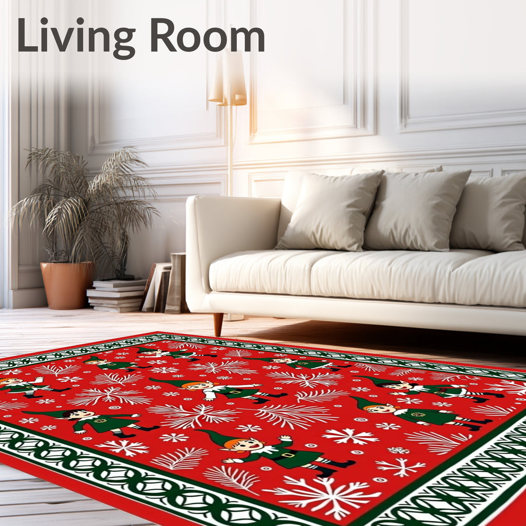 Holiday Elf Red Evergreen Snowflake Scene Rug